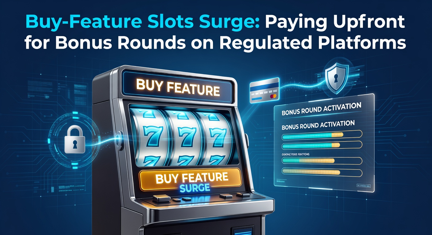 Schermafbeelding van een buy-feature slot met knop voor directe bonusronde aankoop, inclusief felgekleurde reels en bonusmeter