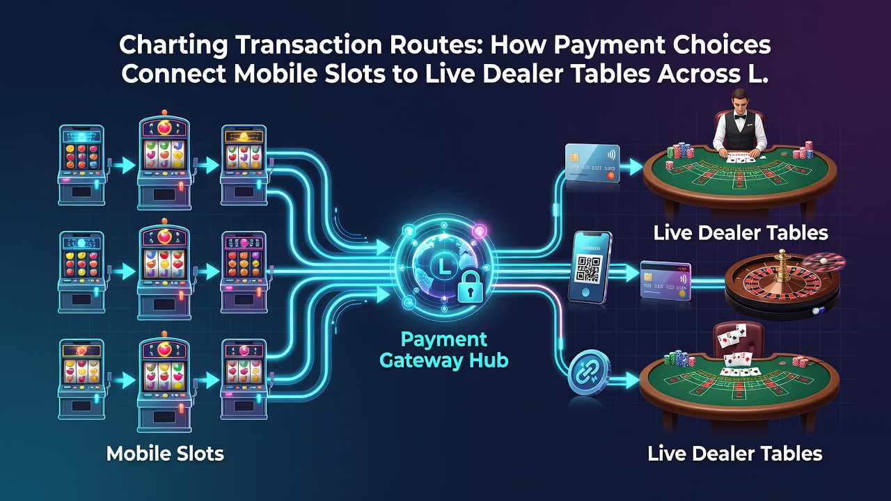 Diagram van transactieroutes die mobiele slots verbinden met live dealer omgevingen