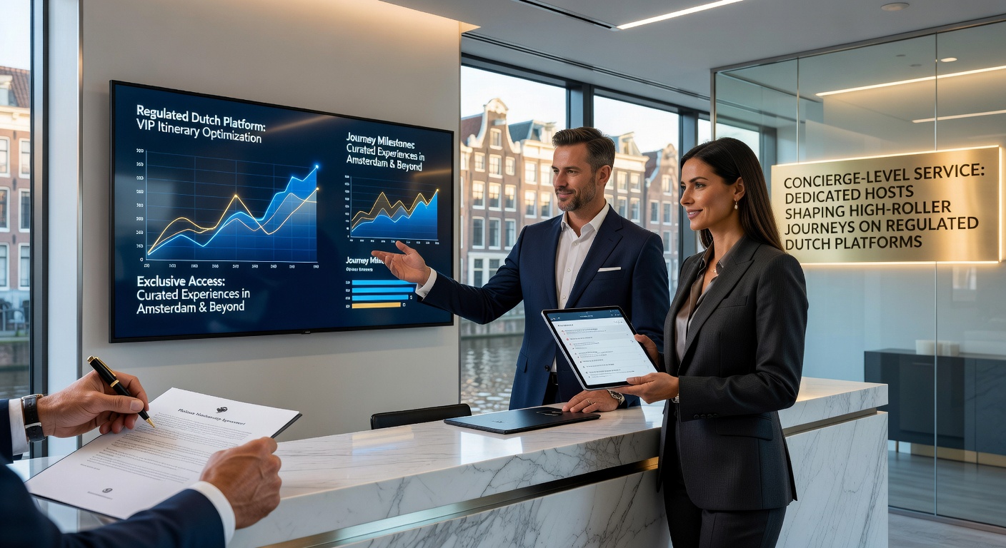 Een elegante high-roller geniet van persoonlijke aandacht in een luxe online casino omgeving, met een dedicated host die op de achtergrond adviseert