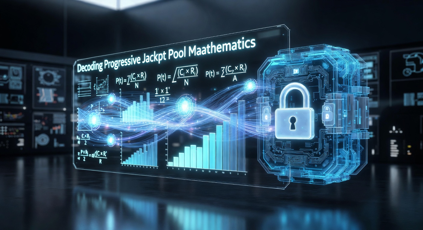 Diagram van progressieve jackpotpoolstructuren in multi-operator netwerken met wiskundige formules en regelgevende labels