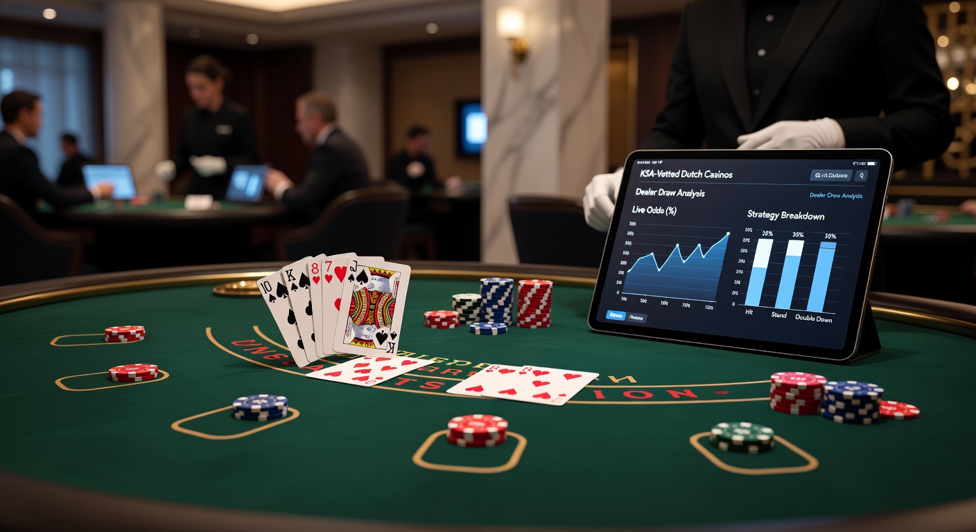Blackjack tafel met live dealer in een KSA-gelicentieerd casino, kaarten en fiches zichtbaar