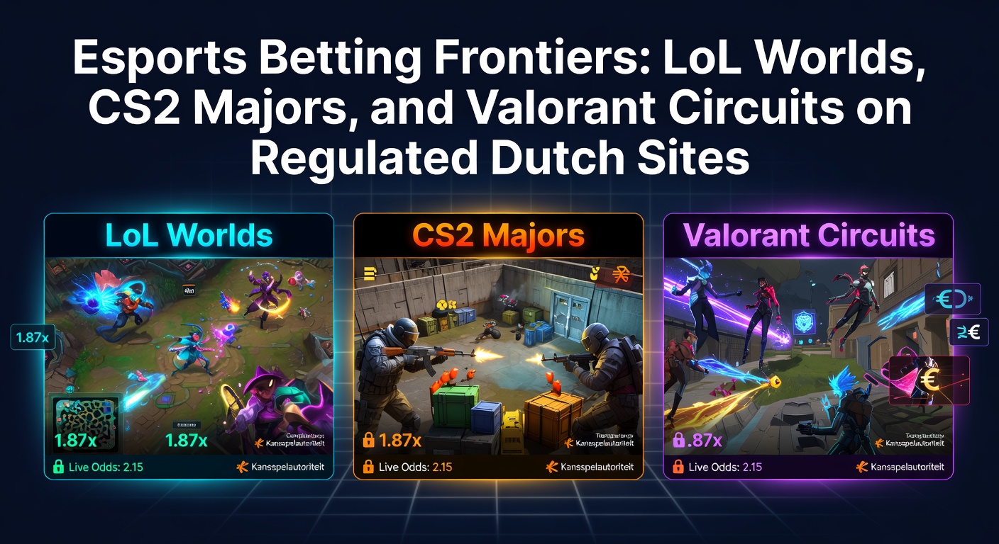 Spannende esports actie met League of Legends Worlds toernooi op een groot scherm, omringd door weddenaars op een Nederlands platform