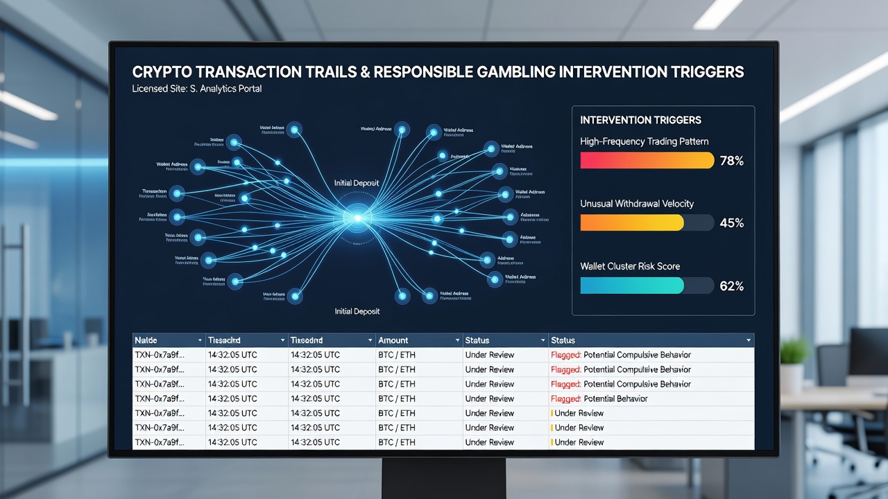 Analyse dashboard met cryptotransactie sporen en interventie triggers bij gelicentieerde sportsbooks