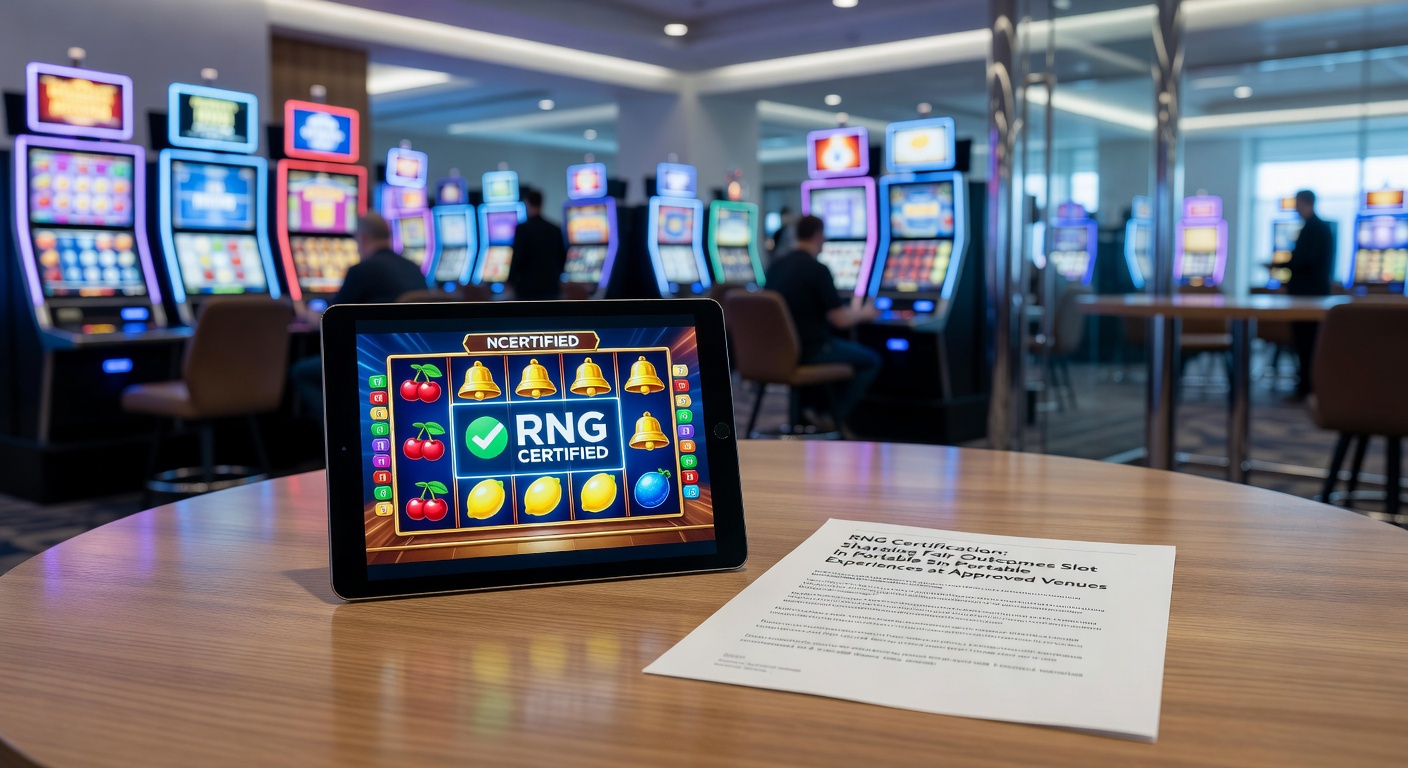 Close-up van een certificeringsrapport met RNG-testresultaten op een laptop naast een mobiele telefoon met actieve slotgame