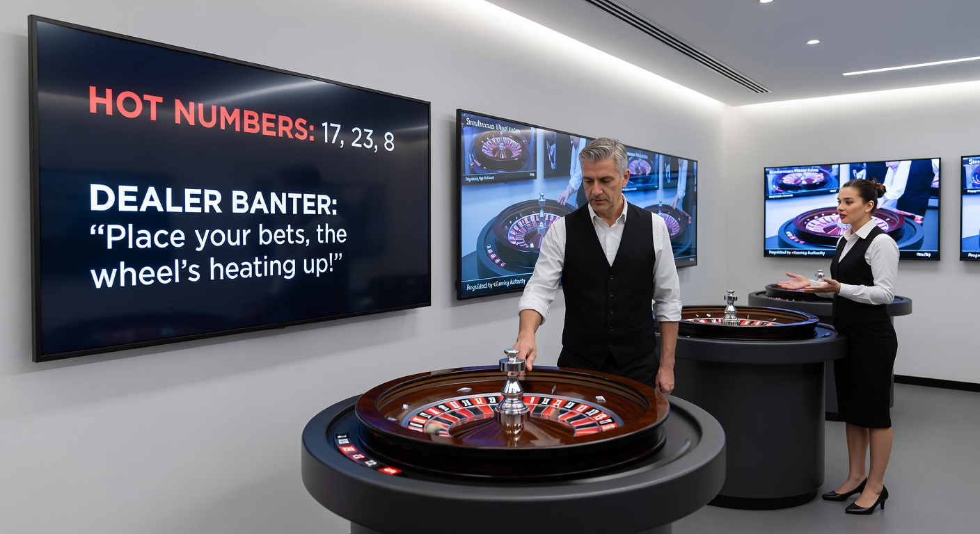 Dealer draait het roulettewiel in een bruisende live kamer, met spelers die inzetten op heetste nummers terwijl chat bubbelt met banter
