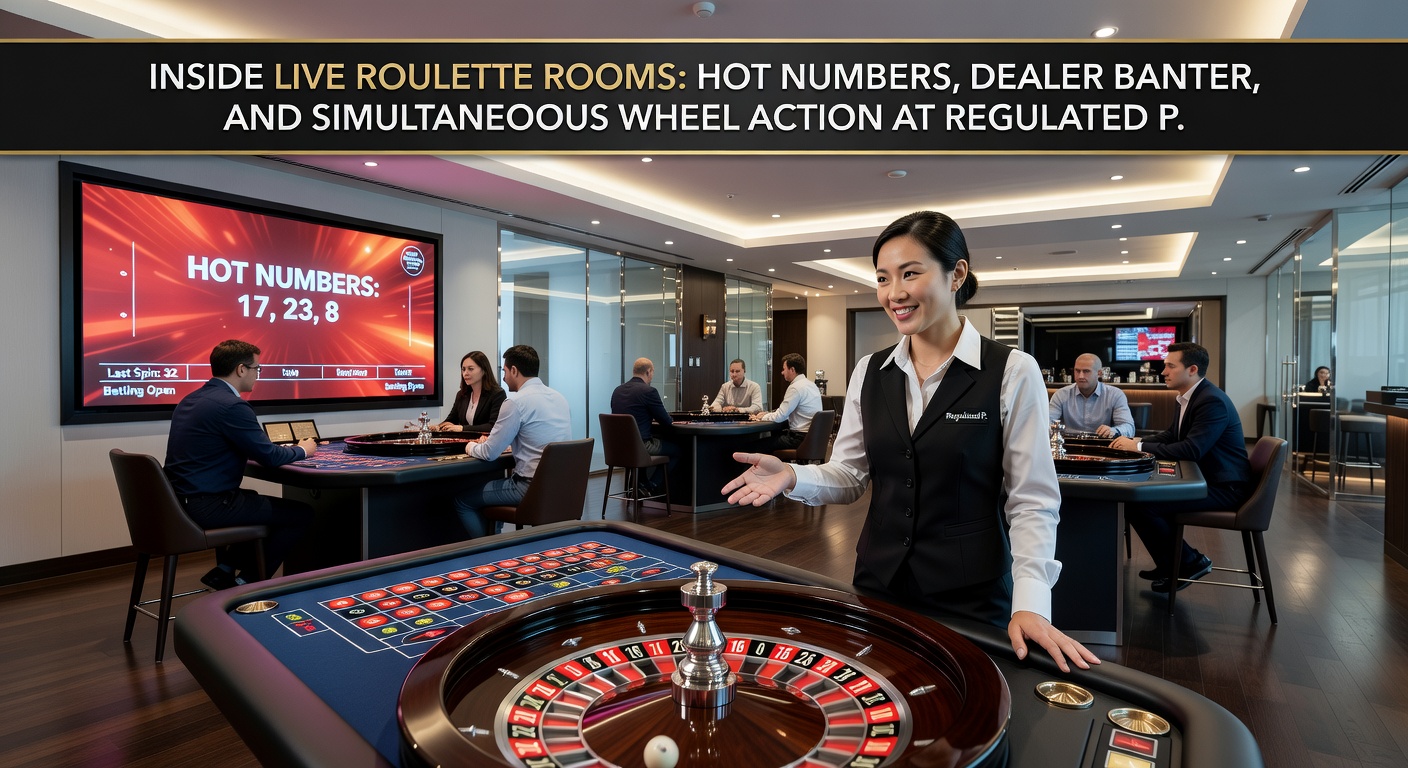 Meerdere roulettewielen draaien tegelijkertijd in een high-tech studio, met dealers die banter delen terwijl hot numbers oplichten op schermen