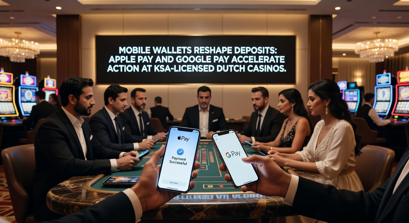 Smartphone met Apple Pay en Google Pay interfaces geopend naast een online casino app op een Nederlands KSA-gelicenseerd platform, symboliserend snelle mobiele stortingen