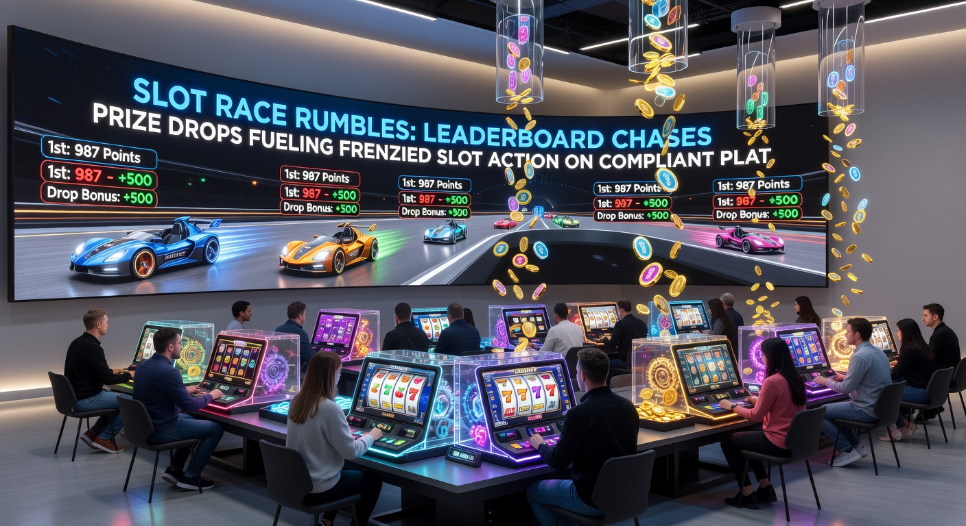 Prijsdrop moment tijdens een slot race, met confetti en geldsymbolen die vallen op een leaderboard-scherm van een KSA-platform