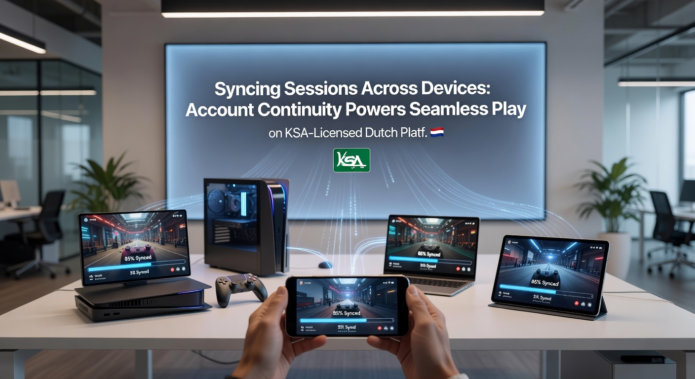 Speler wisselt naadloos van smartphone naar laptop tijdens een live casino sessie op een KSA-gelicentieerd Nederlands platform, met dezelfde spelstatus intact