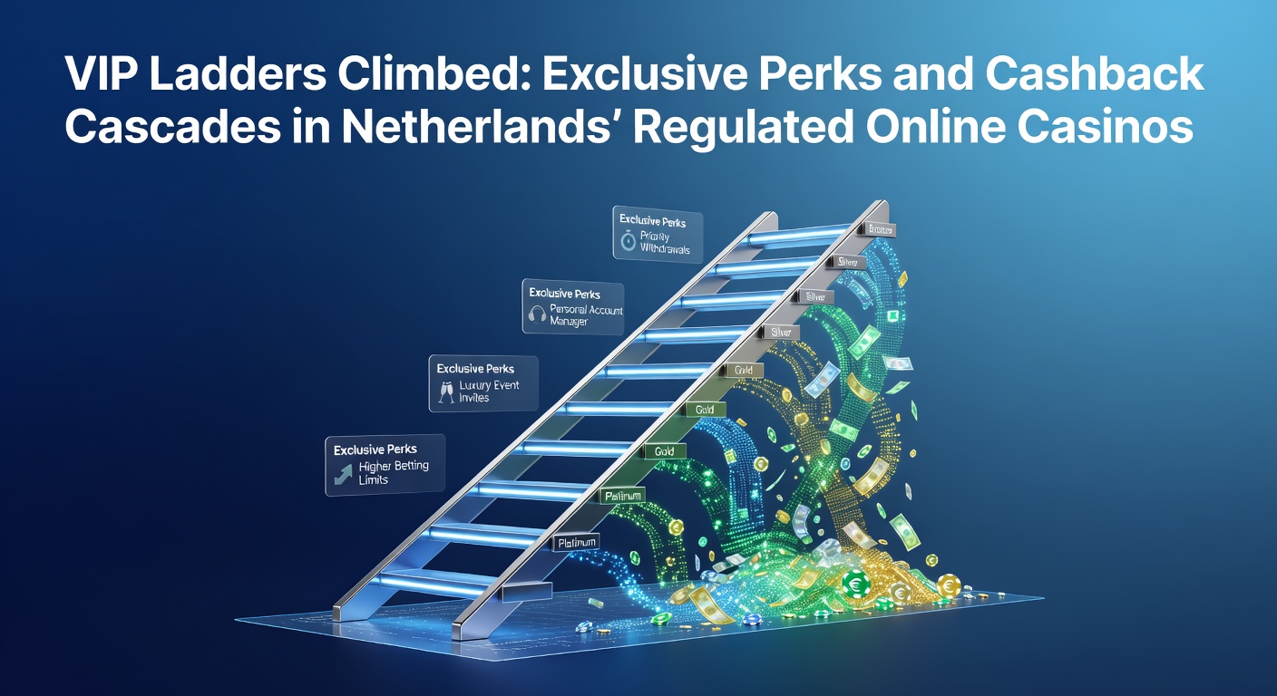Speler beklimt een gouden VIP-ladder in een online casino-interface met cashback-symbolen en exclusieve badges